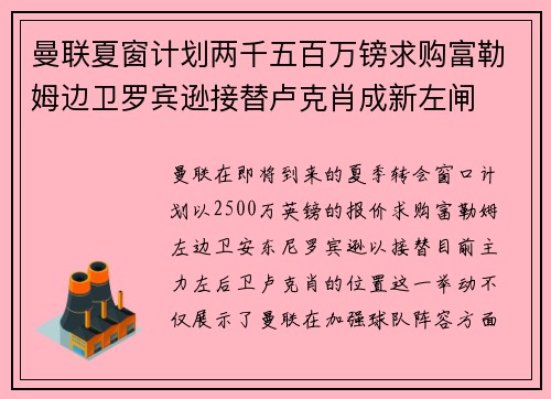 曼联夏窗计划两千五百万镑求购富勒姆边卫罗宾逊接替卢克肖成新左闸 曼联夏窗计划两千五百万镑求购富勒姆边卫罗宾逊接替卢克肖成新左闸